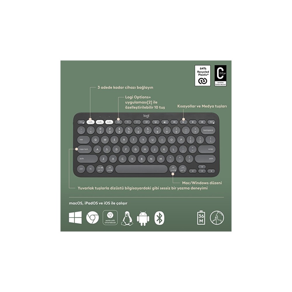 LOGITECH K380S, Pebble Keys 2, Siyah, 920-011859, Bluetooth, Türkçe, Q, Multimedya, Mini Klavye