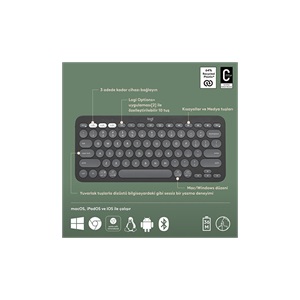LOGITECH K380S, Pebble Keys 2, Siyah, 920-011859, Bluetooth, Türkçe, Q, Multimedya, Mini Klavye