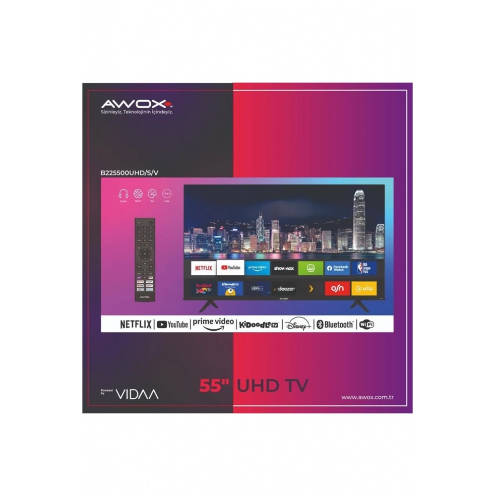 AWOX B225500UHD/S/V , 55" 139cm, 4K Ultra HD, Dahili Wi-Fi, Dahili Uydu Alıcılı, Smart Led Televizyon