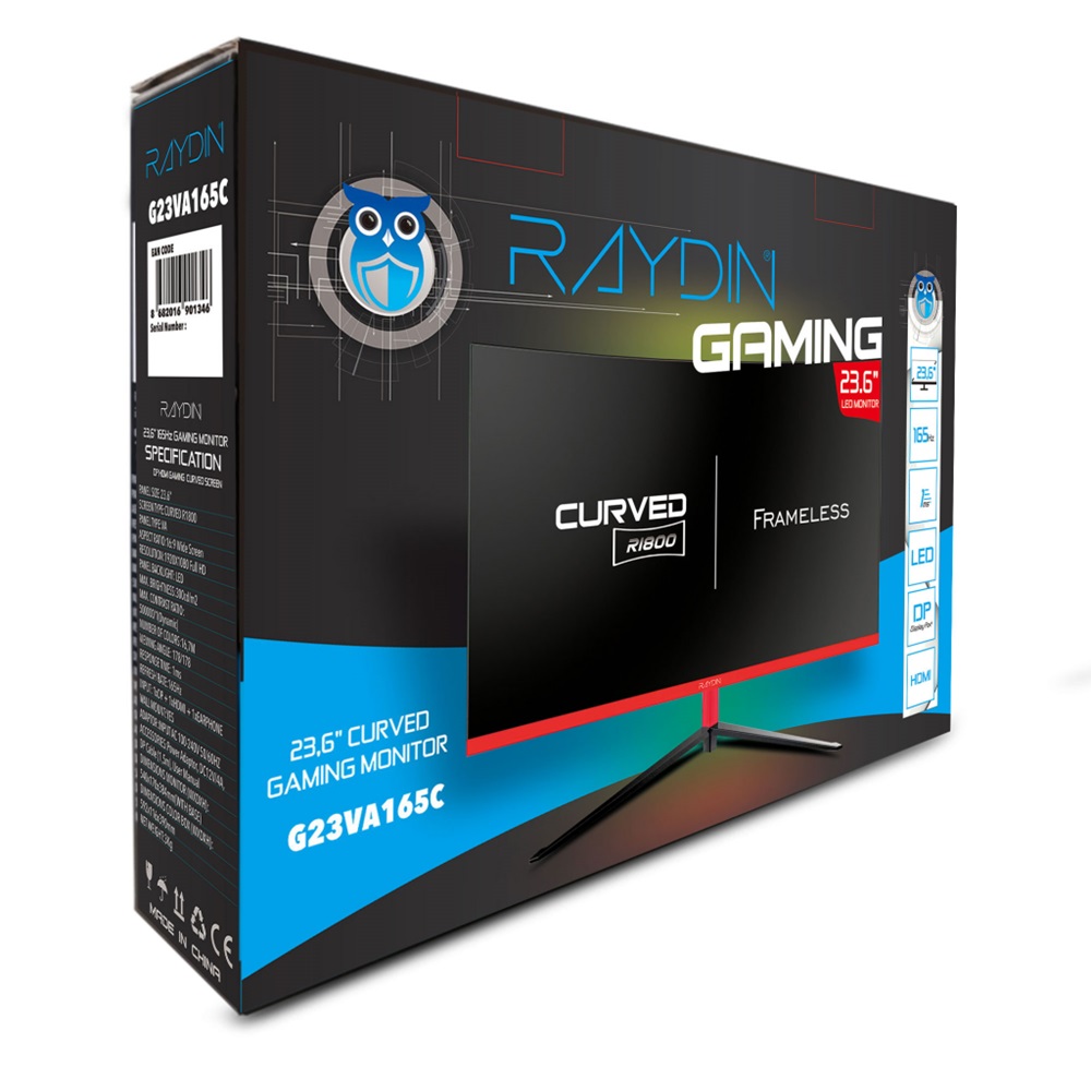 RAYDIN G23VA165C, 23.6", 1ms, 165Hz, Full HD, HDMI, DP, USB, Hoparlör, VA LED, R1800 Curved, Frameless, FreeSync Gaming Monitör