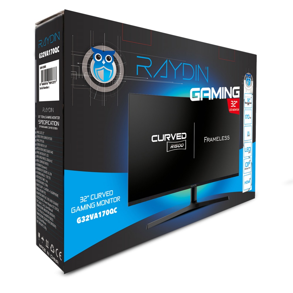 RAYDIN G32VA170QC, 32", 1ms, 170Hz, 2K Quad HD, HDMI, DP, USB, Hoparlör, VA LED, R1800 Curved, Frameless, Yükseklik Ayarlı, FreeSync Gaming Monitör