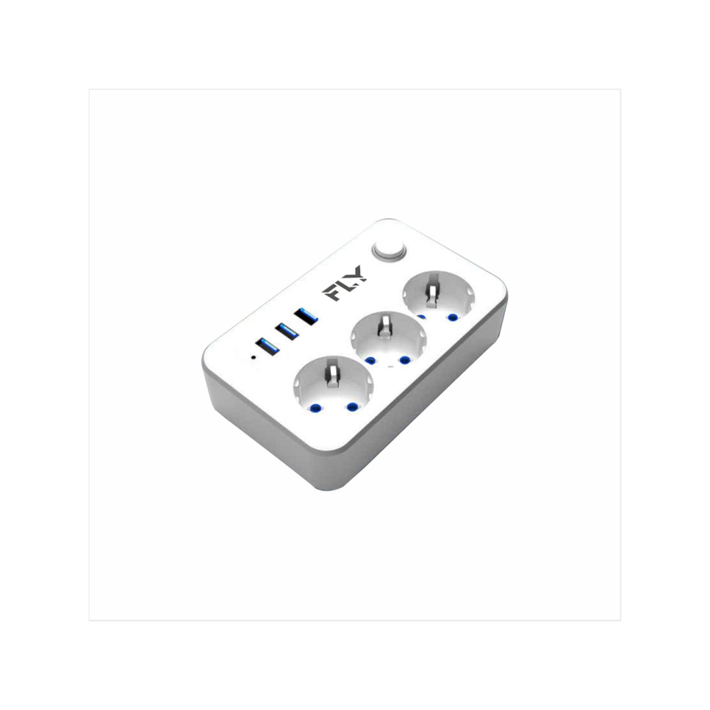 FLY 3406-01, 3 Soket, 3 USB, Akım Korumalı Priz, 2.1A, Anahtarlı, 2Mt Kablo, (Beyaz)