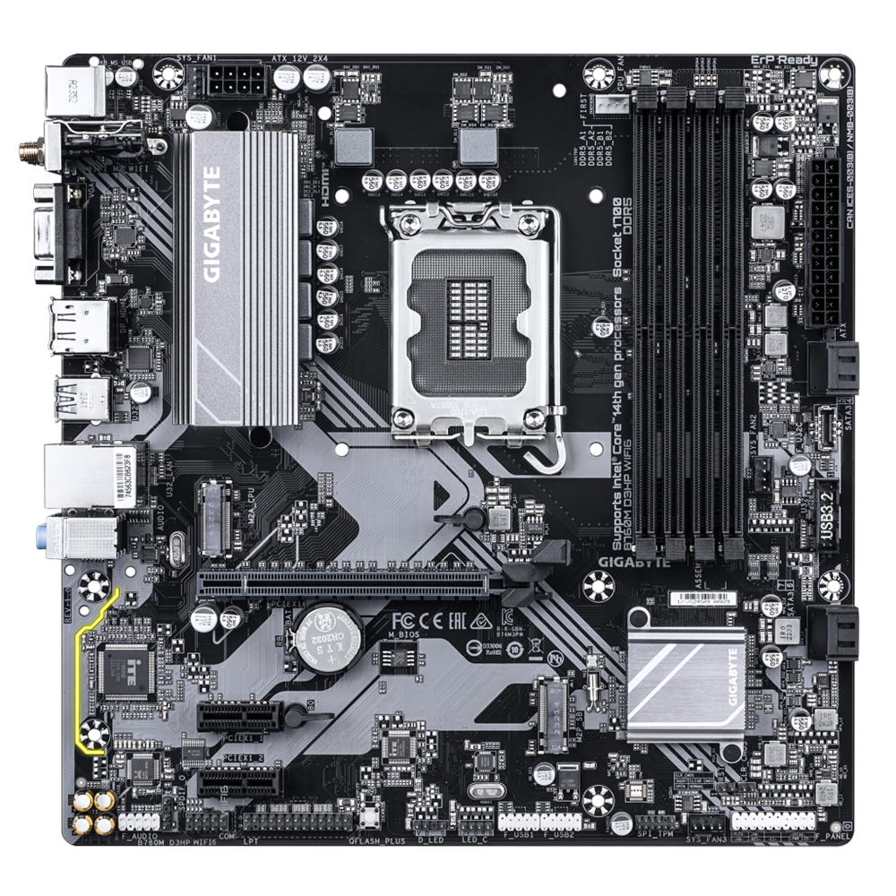 GIGABYTE B760M D3HP WIFI6, 4xDDR5, 2xM.2, DP, HDMI, VGA, Wi-Fi 6E, Bluetooth v5.3, 12-13.14.Nesil, LGA1700 Soket, Anakart