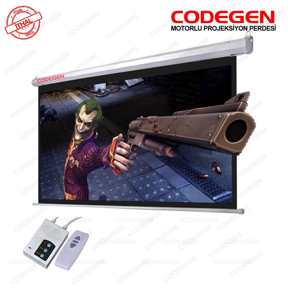 Codegen EX-20 MOTORLU PROJEKSİYON PERDESİ 200x200 Elektrikli Uzaktan Kumandalı (Arkası Siyah Fonlu - Duvar/Tavan Asılabilir)