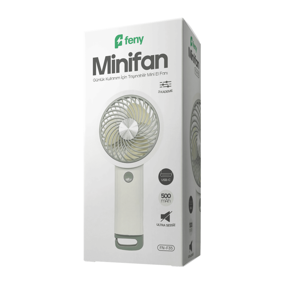 FENY FN-F35, BEYAZ-GRİ, 3 Kademeli Hız, Kancalı, Elde Kullanım, Dahili 500mAh Bataryalı, Type-C Şarj Girişli, Vantilatör