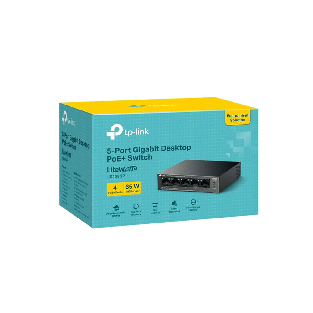 TP-LINK LS105GP, Green Tech, 5 Port, GigaBit, 4 Port PoE 65W, Metal Kasa, Yönetilemez, Masaüstü Switch