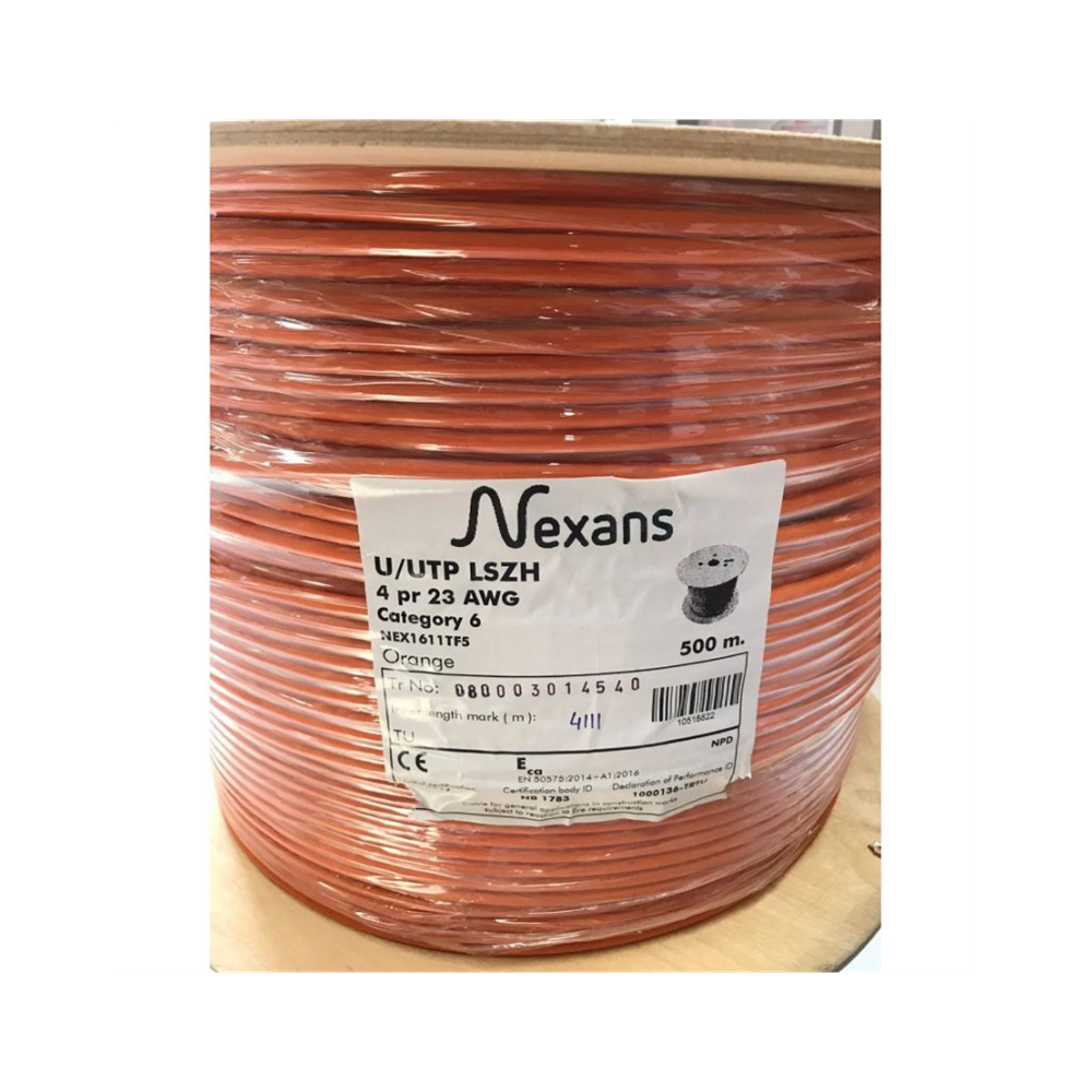 NEXANS NEX1611TF5, TURUNCU, CAT6, 500M, 23AWG (0,58mm), UTP, %100 Bakır, LSZH Halogen Free, Makara, Kablo