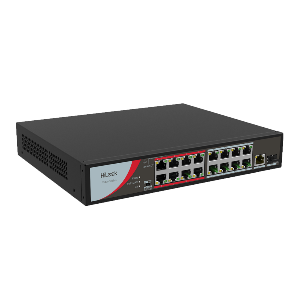 HILOOK NS-0318P-130(B), 16 Port, Megabit, PoE 130W, 1 Port GigaBit Lan, 1 Port GigaBit SFP, Long Range 250Metre, Yönetilemez, Masaüstü Switch