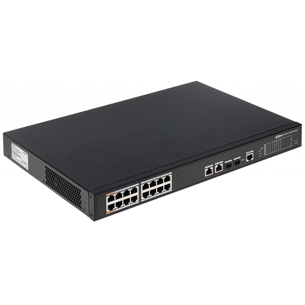 DAHUA PFS4218-16ET-240-V2, 16 Port, MegaBit, PoE 240W, 2 Port GigaBit Uplink, 2 Port GigaBit Combo SFP, Yönetilebilir, Rack Mount Switch