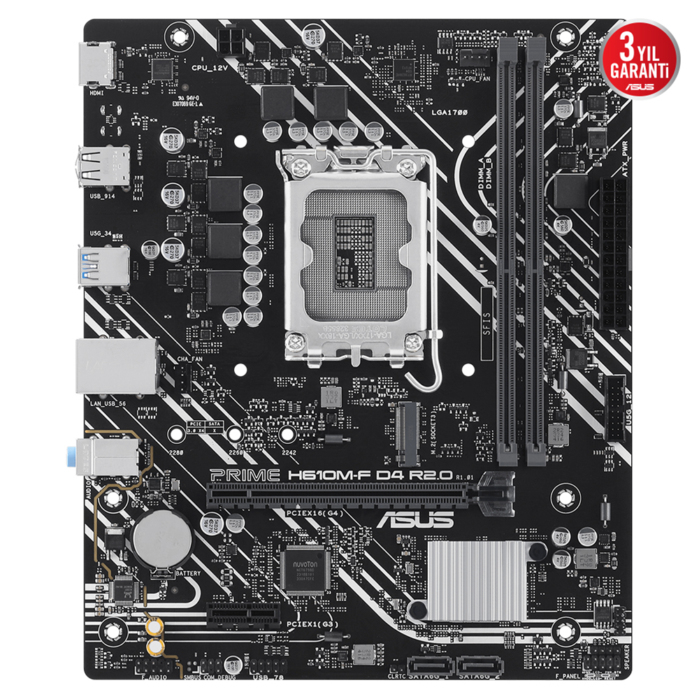 ASUS PRIME H610M-F D4 R2.0, 2xDDR4, M.2, HDMI, 12-13.14.Nesil, LGA1700 Soket, Anakart