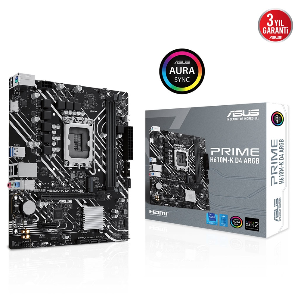 ASUS PRIME H610M-K D4 ARGB, 2xDDR4, M.2, HDMI, 12-13.14.Nesil, LGA1700 Soket, Anakart