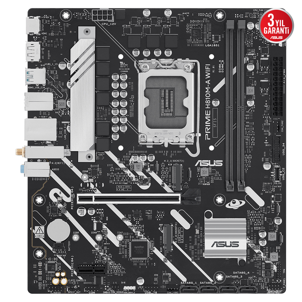 ASUS PRIME H810M-A WIFI, 2xDDR5, 2x M.2, HDMI, DP, Wi-Fi 6, Bluetooth 5.3, Intel Core Ultra CPU(Seri 2), LGA1851 Soket, ATX Anakart