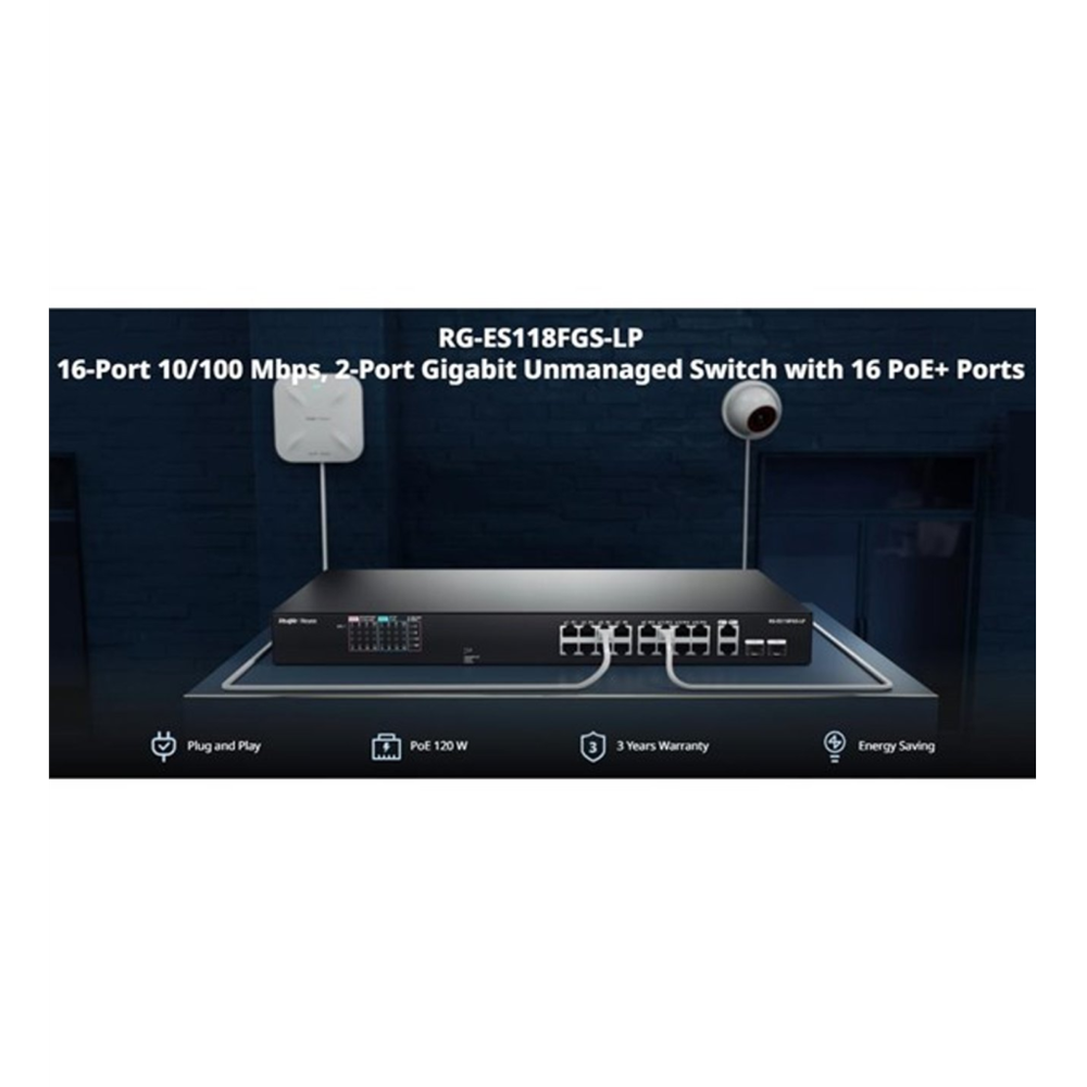 RUIJIE REYEE RG-ES118FGS-LP 18 Port, 16 Port Megabit PoE, 120W, 2 Port Gigabit COMBO, Switch Metal Kasa