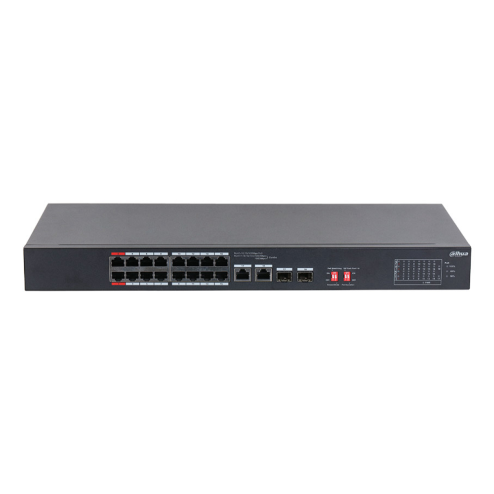 DAHUA S3218-16ET-135, 16 Port, Megabit, PoE 135W, 2 Port GigaBit Uplink, 2 Port GigaBit SFP, Longe Range 250Mt, Yönetilemez, Rack Mount Switch