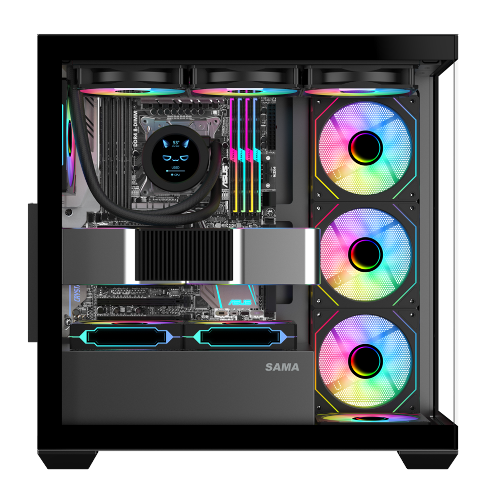 SAMA SV01BK Black, B750BK 750W, 80+ Bronze, PCIE 5.1, ATX3.1, Tempered Glass Panel, Panoramic Tasarım, Type-C, 4x120mm ARGB Fan, ATX, GAMING KASA