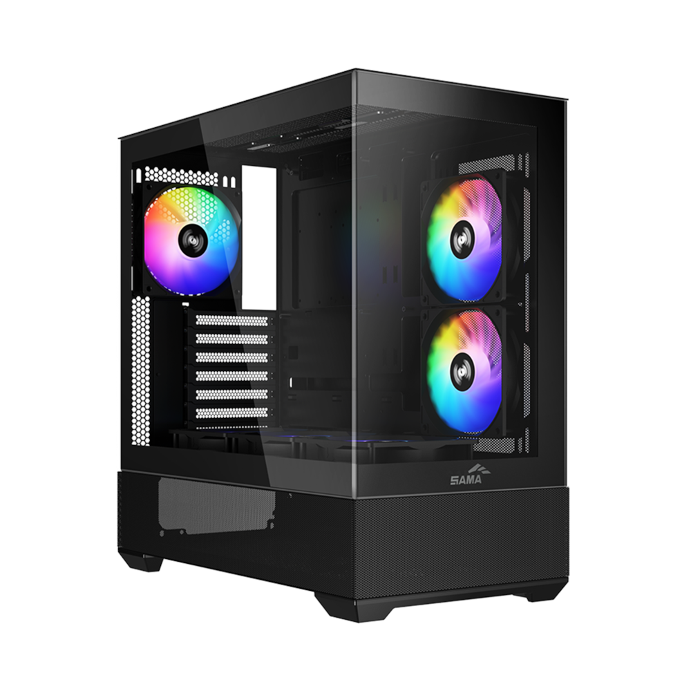 SAMA V40BK Black, B750BK 750W, 80+ Bronze, PCIE 5.1, ATX3.1, Tempered Glass Panel, Panoramic Tasarım, Type-C, 6x120mm ARGB Fan, ATX, GAMING KASA
