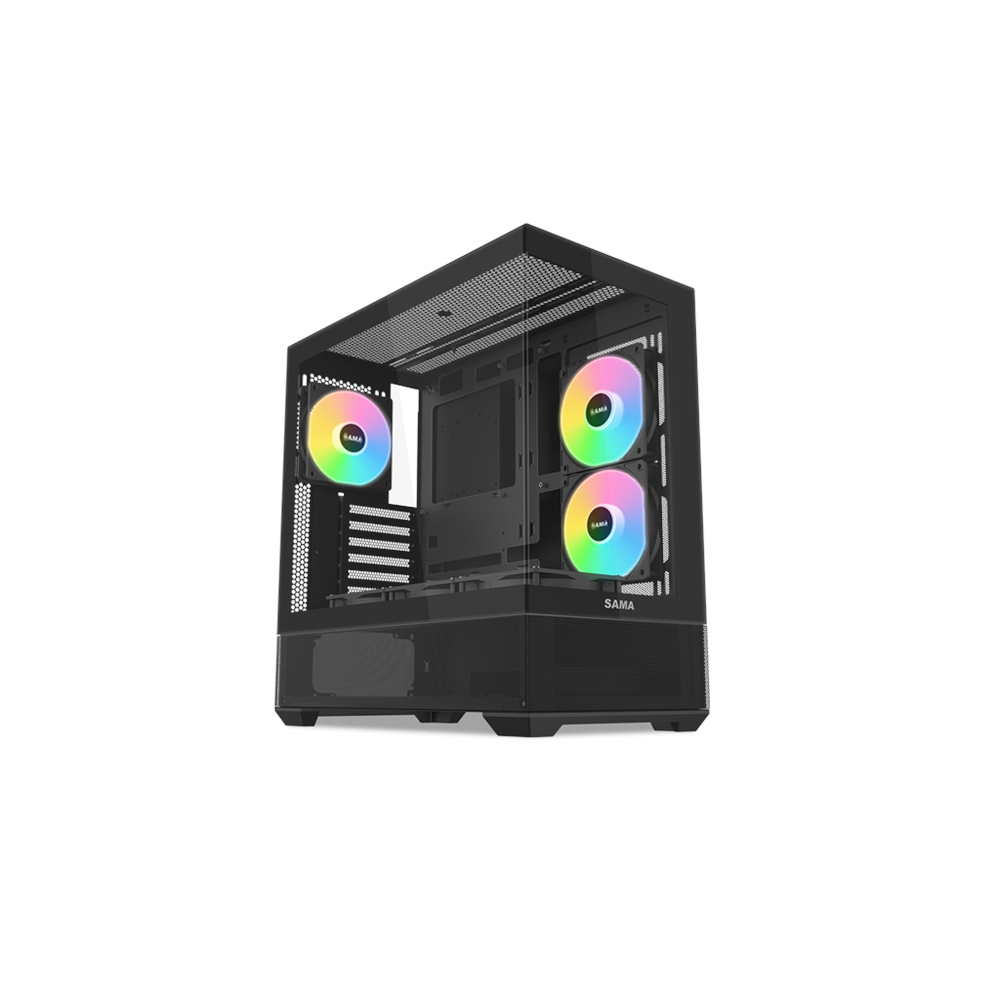 SAMA V40BK Black, B750BK 750W, 80+ Bronze, PCIE 5.1, ATX3.1, Tempered Glass Panel, Panoramic Tasarım, Type-C, 6x120mm ARGB Fan, ATX, GAMING KASA
