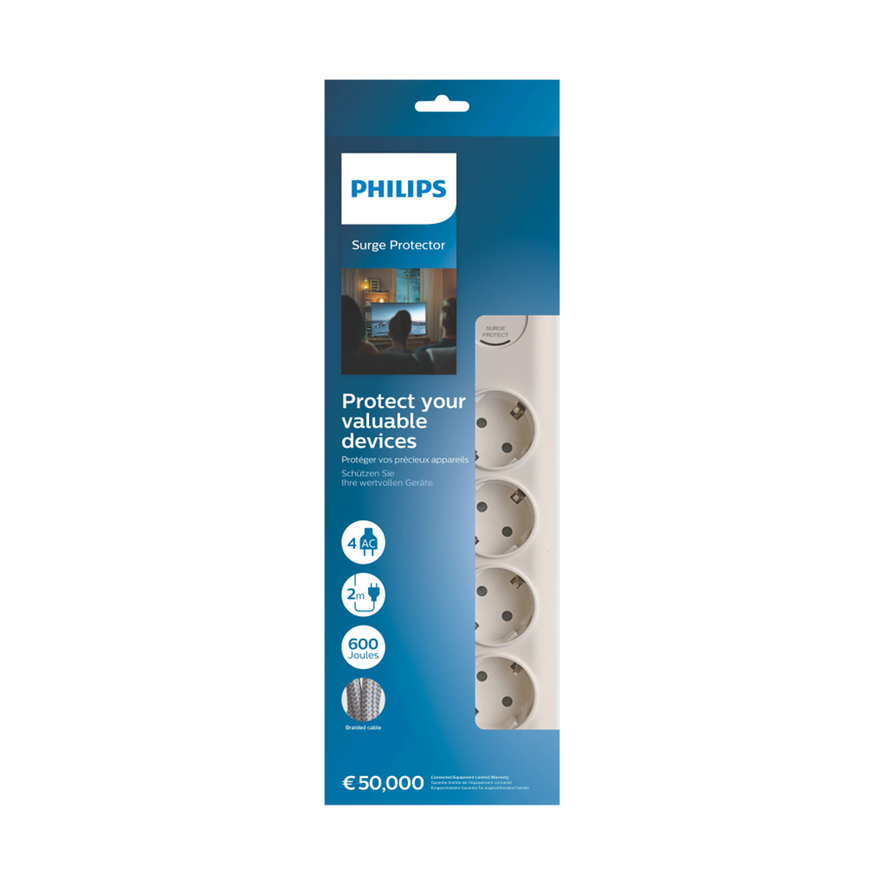 PHILIPS SPN7040WA/62, 4 Soket, Akım Korumalı Priz, 600 Joules, 2Mt Örgülü Kablo, (Beyaz)