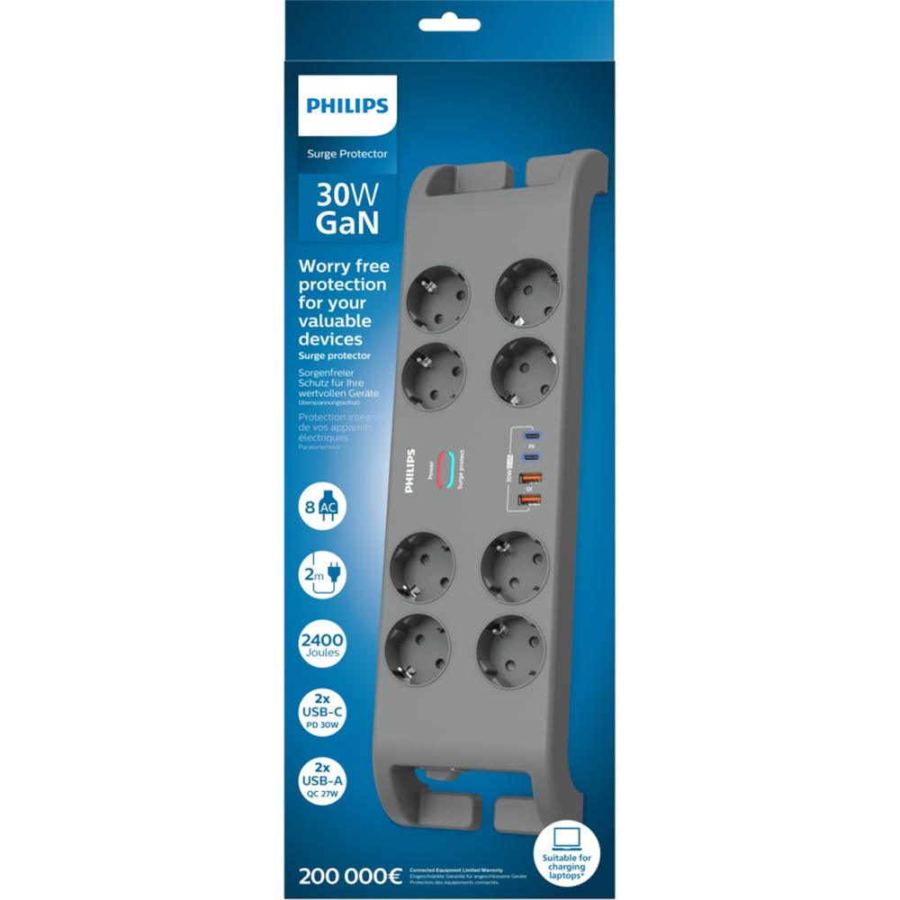 PHILIPS SPN8180GA/62, 8 Soket, Akım Korumalı Priz, 2400 Joules, 2Mt Kablo, 2xUsb-C PD 20W Hızlı Şarj, 2xUsb-A QC 18W, (Gri)