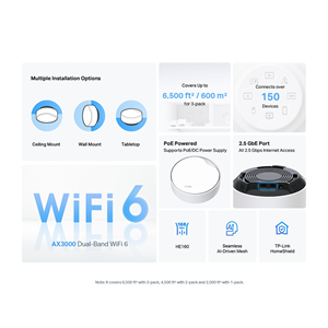 TP-LINK DECO-X50-POE, AX3000, Tekli Mesh, 3000Mbps, Dual Band, WiFi6, 3Port Gigabit Lan, 230m2 Çekim Alanı, Router, Geniş Alan İnternet Ağı Sağlayıcısı