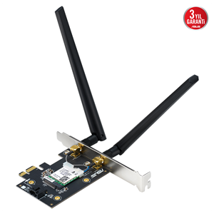 ASUS PCE-BE6500, BE6500, 2xAnten, 6500Mbps, Tri-Bant, 6GHz WİFİ 7, Bluetooth v5.4, WPA3, PCI-Express x1, PCIe Adapter