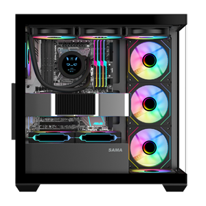 SAMA SV01BK Black, B750BK 750W, 80+ Bronze, PCIE 5.1, ATX3.1, Tempered Glass Panel, Panoramic Tasarım, Type-C, 4x120mm ARGB Fan, ATX, GAMING KASA