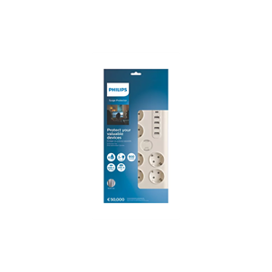 PHILIPS SPN7060WA/62, 6 Soket, Akım Korumalı Priz, 900 Joules, 2Mt Kablo, 1xUsb-C 15W Şarj, 4xUsb-A 20W, (Beyaz)