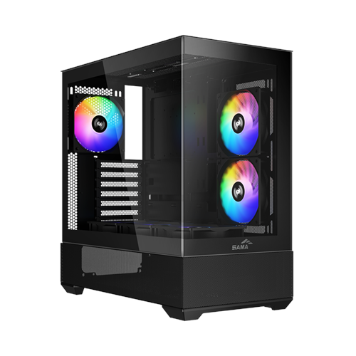 SAMA V40BK Black, B750BK 750W, 80+ Bronze, PCIE 5.1, ATX3.1, Tempered Glass Panel, Panoramic Tasarım, Type-C, 6x120mm ARGB Fan, ATX, GAMING KASA