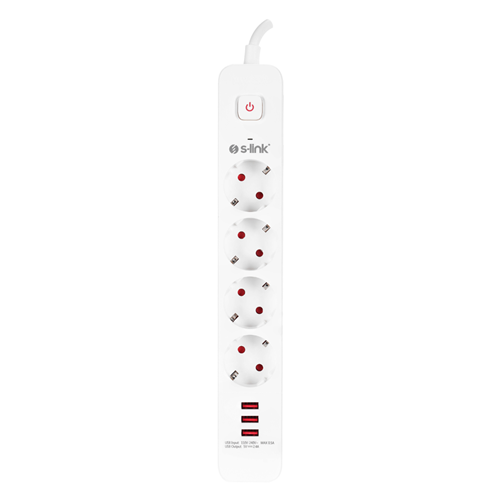 S-LINK SPG403U, 4 Soket, Akım Korumalı Priz, 3xUSB 5V 2.4A, 1.5Mt %100 Bakır 1.5mm Kablo, 750 Joule (Beyaz)