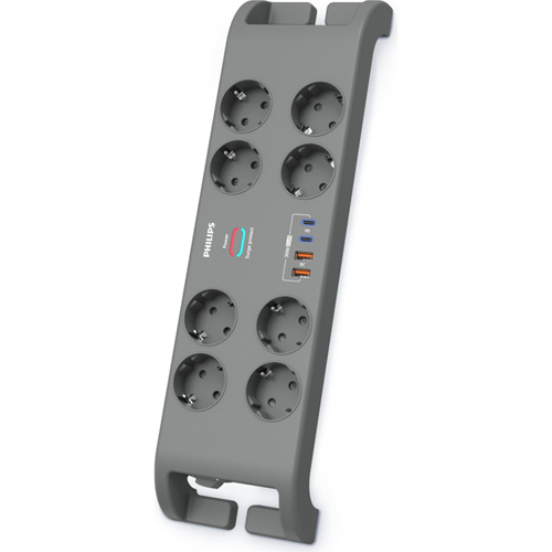 PHILIPS SPN8180GA/62, 8 Soket, Akım Korumalı Priz, 2400 Joules, 2Mt Kablo, 2xUsb-C PD 20W Hızlı Şarj, 2xUsb-A QC 18W, (Gri)