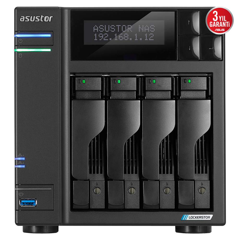 ASUSTOR AS6704T, 4Gb DDR4 Ram, 4 Yuvalı (4x22TB Destek), 4xM.2, PCI-e, 2x2.5GbE Network, 2xUSB 3.2, Tower NAS (Yedekleme) Cihazı
