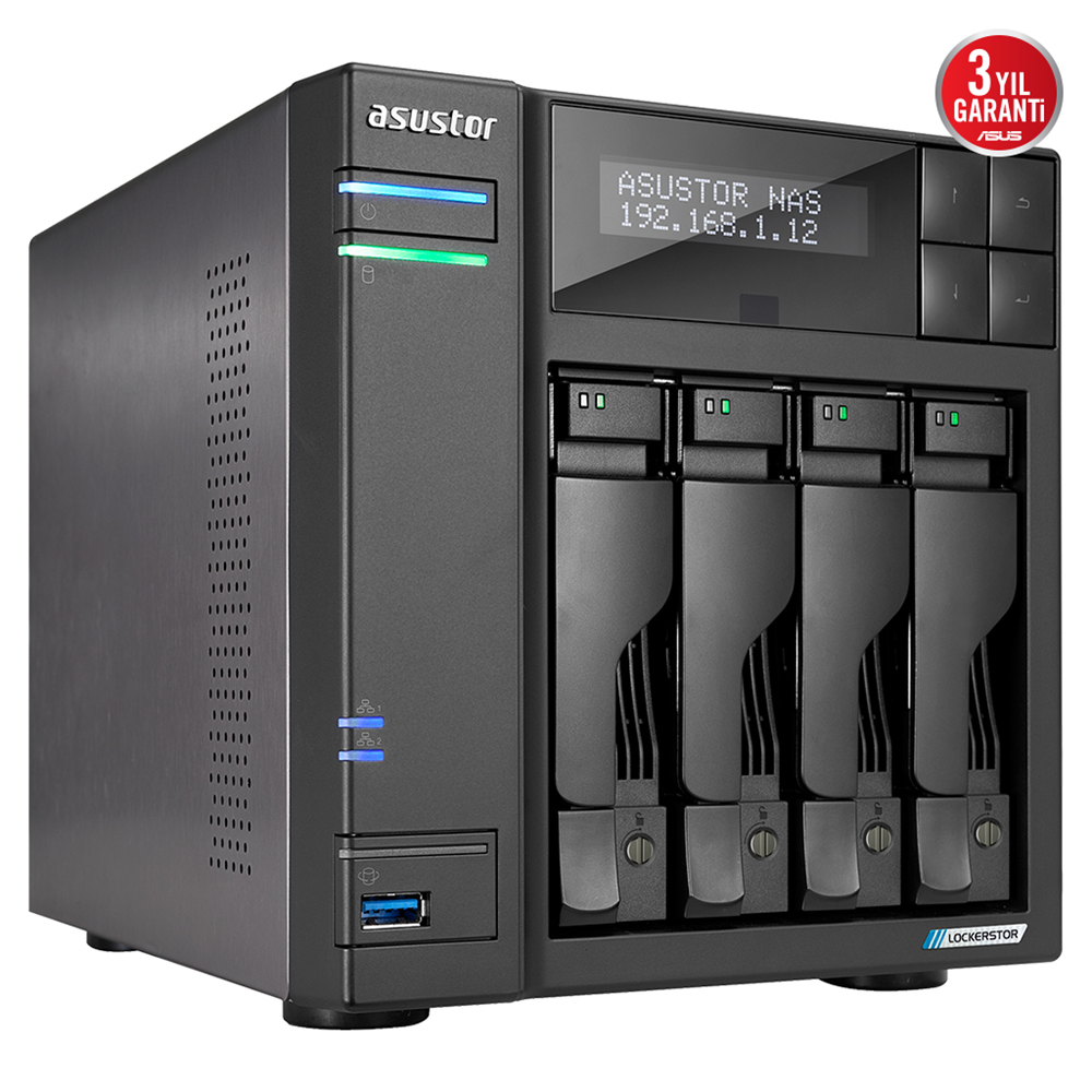ASUSTOR AS6704T, 4Gb DDR4 Ram, 4 Yuvalı (4x22TB Destek), 4xM.2, PCI-e, 2x2.5GbE Network, 2xUSB 3.2, Tower NAS (Yedekleme) Cihazı