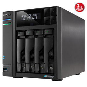 ASUSTOR AS6704T, 4Gb DDR4 Ram, 4 Yuvalı (4x22TB Destek), 4xM.2, PCI-e, 2x2.5GbE Network, 2xUSB 3.2, Tower NAS (Yedekleme) Cihazı