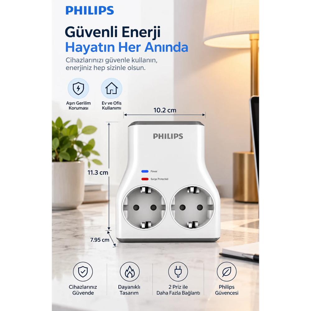 PHILIPS CHP7022W/62, 2li, Akım Korumalı Priz, 1140 Joules, (Beyaz)