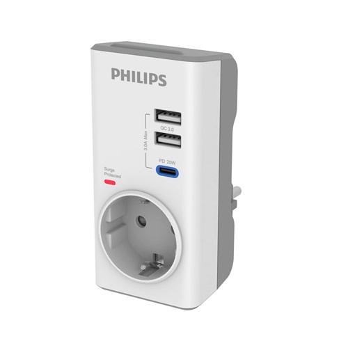 PHILIPS CHP8010W/10, Tekli, Akım Korumalı Priz, PD Hızlı Şarj, 1xUSB-C, 2xUSB-A, (Beyaz)