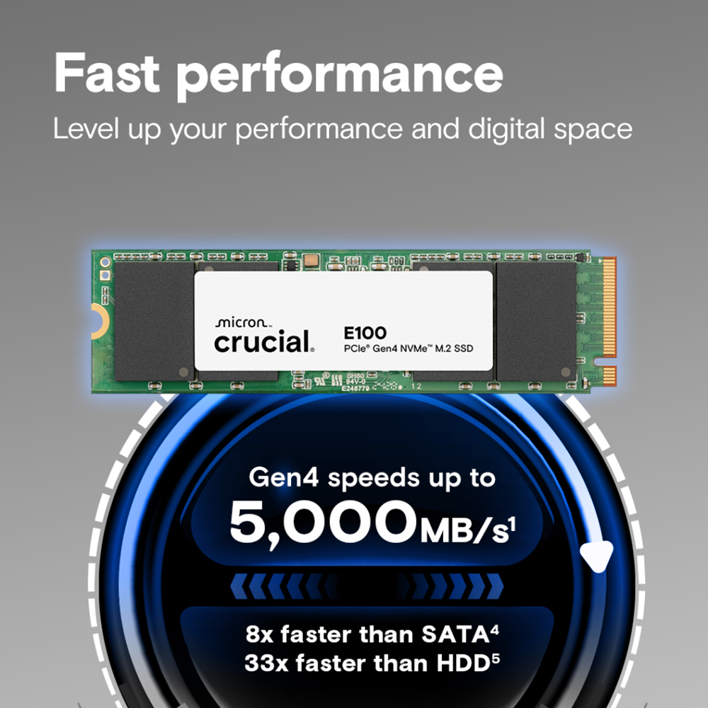 CRUCIAL CT2000E100SSD8, E100, 2TB, 5000/4500, Gen4, NVME PCIe M.2 2280, SSD