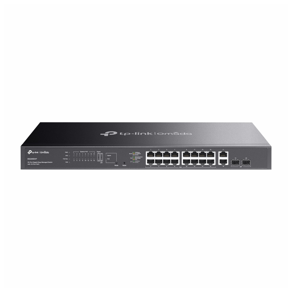Omada ES220GMP, 16 Port Gigabit, 16 Port PoE+, 2 Port Gigabit SFP, 250W, Yönetilebilir, Rackmount Switch