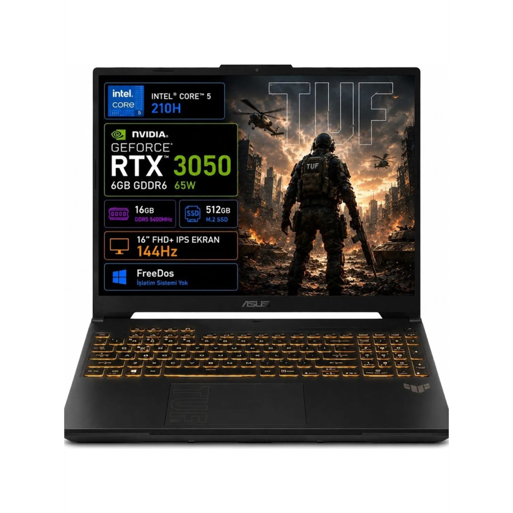 ASUS Tuf Gaming F16, FX607VJB-RL037, Core 5-210H, 16" FHD, 144Hz IPS, 16Gb Ram, 512Gb SSD, 6GB RTX3050 Ekran Kartı, Free Dos, GAMING Notebook.