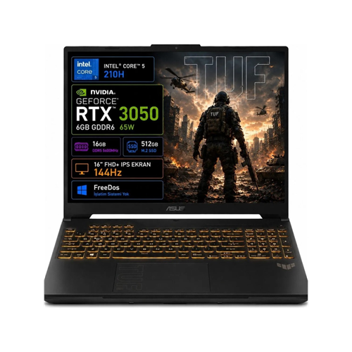 ASUS Tuf Gaming F16, FX607VJB-RL037, Core 5-210H, 16" FHD, 144Hz IPS, 16Gb Ram, 512Gb SSD, 6GB RTX3050 Ekran Kartı, Free Dos, GAMING Notebook.