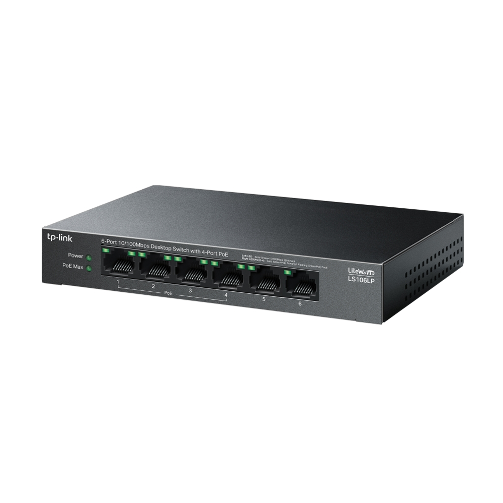 TP-LINK LS106LP, Green Tech, 6 Port, MegaBit, 4 Port PoE 41W, Metal Kasa, Yönetilemez, Masaüstü Switch
