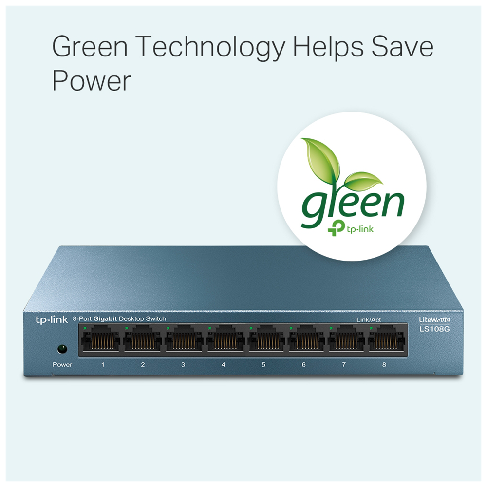 TP-LINK LS108G, Green Tech, 8 Port GigaBit, Yönetilemez, Metal Kasa, Masaüstü Switch
