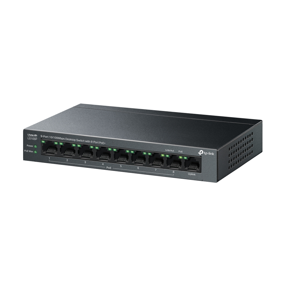 TP-LINK LS109P, Green Tech, 8 Port MegaBit, POE 63W, 1 Port Uplink, Long Range 250Mt, Yönetilemez, Metal Kasalı Switch