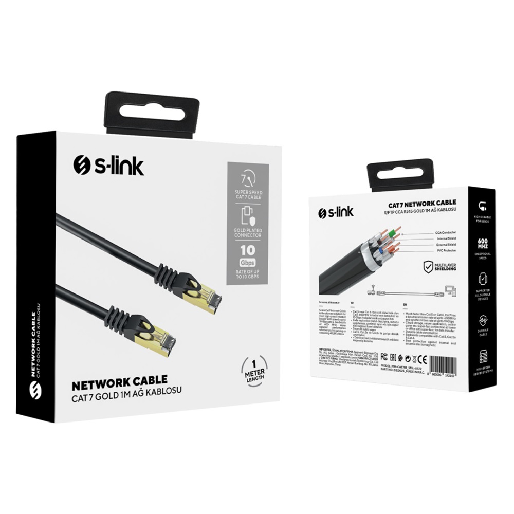 S-LINK MM-CAT701, CAT7, Patch, 1Mt, Gold Uçlu, FTP, CCA, Ağ Bağlantı Kablosu (Siyah)