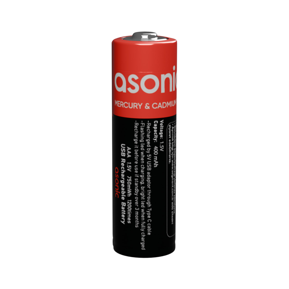 ASONIC PL400, AAA, Şarjlı Pil, 1.5Volt, 400mAh/750mwh, Type-C ile Kolay Şarj, 2 li Paket (USB To Type-C Kablo Hediye)