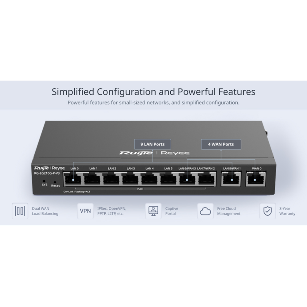 RUIJIE Reyee RG-EG210G-P-V3 10 Port Gigabit, Web Yönetilebilir, 4 WANs, 200 Kullanıcı,