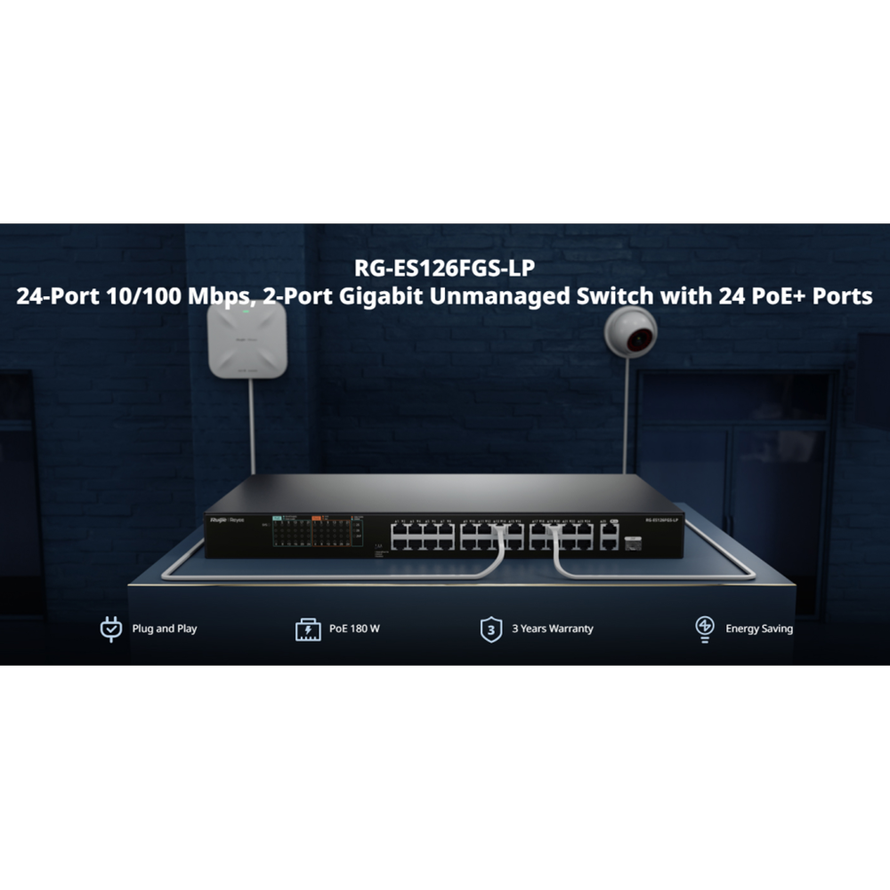 RUIJIE REYEE RG-ES126FGS-LP 26 Port, 24 Port Megabit PoE, 180W, 2 Port Gigabit Uplink, 1 Port Gigabit COMBO, Switch Metal Kasa