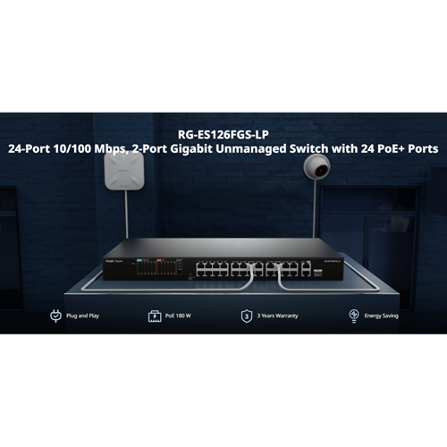 RUIJIE REYEE RG-ES126FGS-LP 26 Port, 24 Port Megabit PoE, 180W, 2 Port Gigabit Uplink, 1 Port Gigabit COMBO, Switch Metal Kasa
