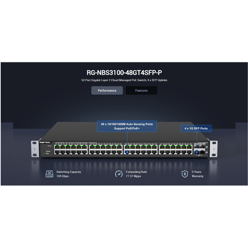 RUIJIE REYEE RG-NBS3100-48GT4SFP-P 48 Port GigaBit PoE, 370W, 4Port SFP, L2 Yönetilebilir Switch Metal Kasa