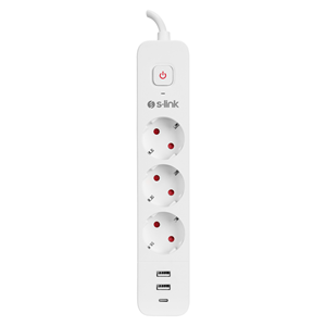 S-LINK SPG03TC, 3 Soket, Akım Korumalı Priz, 1x Type-C, 2xUSB 5V 4A, 1.5Mt %100 Bakır 1mm Kablo, 750 Joule (Beyaz)