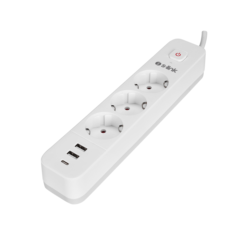 S-LINK SPG03TC, 3 Soket, Akım Korumalı Priz, 1x Type-C, 2xUSB 5V 4A, 1.5Mt %100 Bakır 1mm Kablo, 750 Joule (Beyaz)